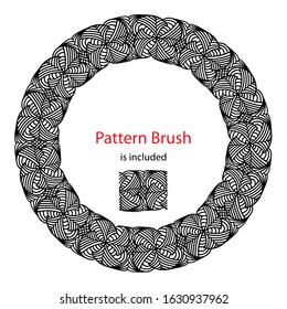 Round Frame in doodling style and element of a pattern brush. Isolated on a white background. Sketch ornament. Vector illustration