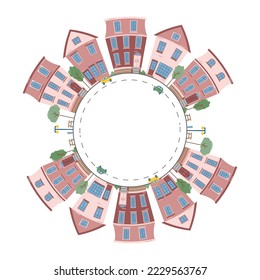 Round frame with a drawing of a city landscape, made in the flat style. Vector illustration isolated on white background