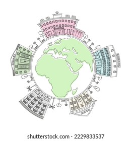 Round frame with a drawing of a city landscape, made in the style of line art. Element for creating a logo or emblem. Editable stroke. Vector illustration.