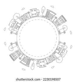 Round frame with a drawing of a city landscape, made in the style of line art. Editable stroke. Element for creating a logo or emblem. Vector illustration isolated on white background