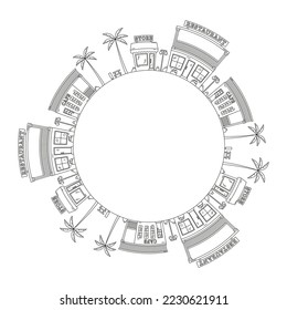 Round frame with a drawing of a city landscape, made in the style of line art. Editable stroke. Element for creating a logo or emblem. Vector illustration isolated on white background