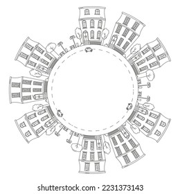 Round frame with a drawing of a city landscape, made in the style of line art. Editable stroke. Element for creating a logo or emblem. Vector illustration isolated on white background