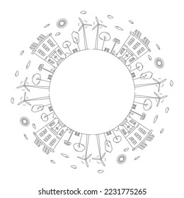 Round frame with a drawing of a city landscape, made in the style of line art. Element for creating a logo or emblem. Editable stroke. Vector illustration.