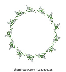 Round frame of drawing snowdrops. Wreath with isolated flowers on white background for your design. 
