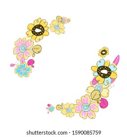 Round frame drawn by hand in doodle style , foliage and flowers red-yellow color , circle from plants for your design. .