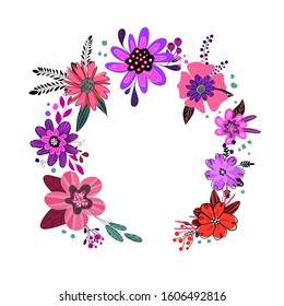 Round frame drawn by hand in doodle style , foliage and flowers pink color , circle from plants for your design. Floral background. Copy space.