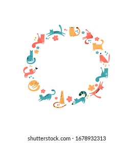 Round frame of drawn cats for printing, textiles, t-shirts, posters. Cute fluffy animals. Frame design on a white background. Vector pets of different colors play, sit, walk, sleep.
