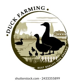 Round frame with duck farm objects silhouettes and text for product labels. Vector illustration.	