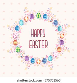 round frame of Easter eggs and floral wreath