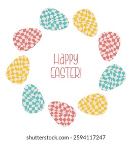 Round Frame From Easter Eggs with Groovy Distorted Checkered Pattern. Retro Twisted Waves Trippy Grid. Border Card Happy Easter. Vector illustration in Hippie aesthetic psychedelic 1970s style