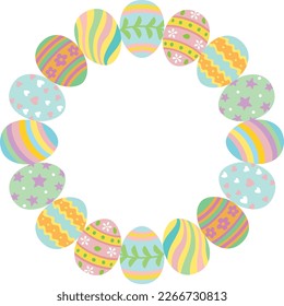 Round frame with Easter eggs in pastel colors. Vector illustration.