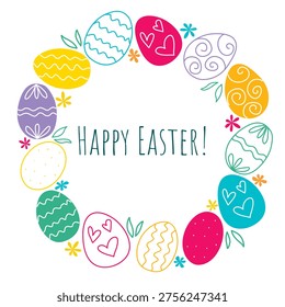 Round frame of eggs, flowers, herbs with text Happy Easter. Festive card with cute hand drawn spring decor. Round border of colorful eggs, vector graphics