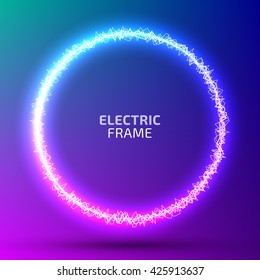 Round frame of electric discharge on colorful background