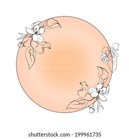 Round frame with elegant image of apple blossoms. Vector illustration.