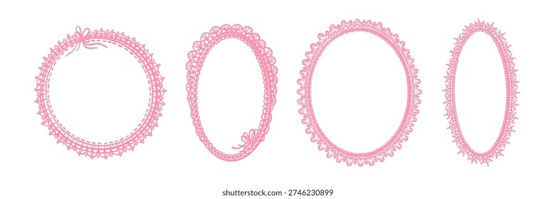 Round frame and elegant lace doily pattern, hand drawn delicate border. Perfect vintage wedding decoration, white crochet napkin design for romantic celebration, special event. Classic circular motif