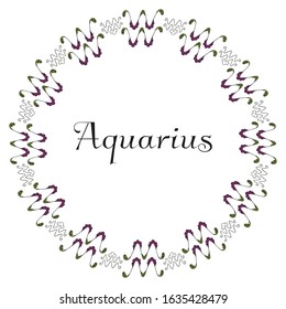 A round frame of emblems with an inscription in the center symbolizing the zodiac sign Aquarius, drawn by hand on a white background. Vector.