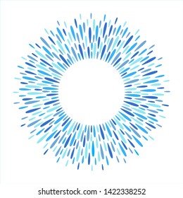 Round frame with empty space for text. Circle, ring shape made of firework salute sparks, rays or water drops, raindrops, droplets. Shades of blue abstract radial spatter, splash, splatter background.