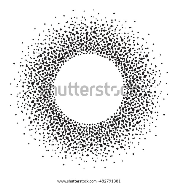 テキスト用の空白の枠 墨 しぶき 斑点 点 斑点など様々な大きさの斑点でできた枠 円の形状 白黒の抽象的背景 のベクター画像素材 ロイヤリティフリー