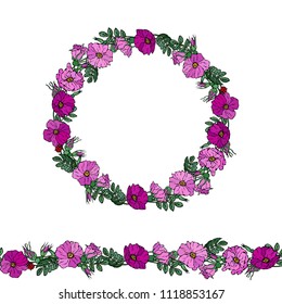 Round Frame and Endless Brush with Wild Roses. Summer Flowers Greeting Card or Wedding Background. Hand Drawn Illustration. Doodle Style.