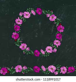 Round Frame and Endless Brush with Wild Roses. Summer Flowers Greeting Card or Wedding Background. Hand Drawn Illustration. Doodle Style. Black Board Background and Chalk.