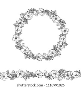 Round Frame and Endless Brush with Wild Roses. Summer Flowers Greeting Card or Wedding Background. Hand Drawn Illustration. Doodle Style.