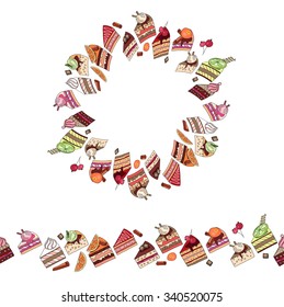 Round frame and endless pattern brush made of cake slices. For your design,  announcements, postcards, posters.