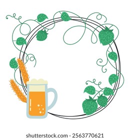 Round frame entwined with Hops with a glass of beer. Vector illustration for Beer label, banner, emblem design with round frame.