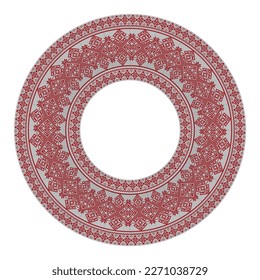 Marco redondo con patrón de píxel étnico en rojo sobre fondo blanco