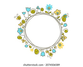 Marco redondo con flores y hojas simples de fantasía. Prado de flores de verano. Ilustración de material colorido de dibujos animados - vector eps10.