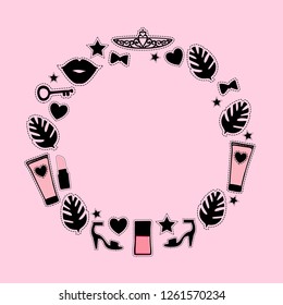 Round frame fashion style with cosmetic bottles. Princess deadem and tropical leaves. Vector illustration isolated on pink background with place under the text
