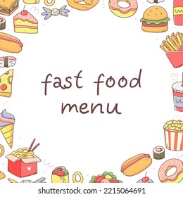 Round Frame With Fast Food. Junk Food Doodle Elements. Vector Clipart Food Illustration.