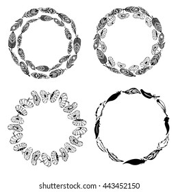Round frame with feathers. Feathers, flowers gathered in a circle. Feathers hand-drawn. Feathers ornaments in boho style.
