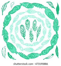 Round frame with feathers. Feathers hand-drawn. Feathers ornaments in boho style.