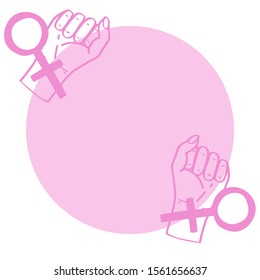 Round frame with female fists and a feminist sign. Design for hand-drawn clothes, cards, business cards, paper, textile. White background. Hand-drawn .. Vector illustration.