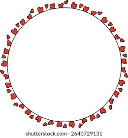 Round frame with festive red hearts on white background. Vector image.