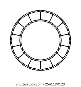 Round frame with film strips as a border. Video or photo camera tape in circle shape. Storyboard layout. Empty template for photographies collage. Vector graphic illustration.