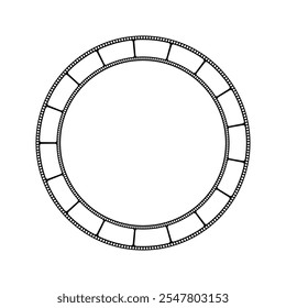 Round frame with filmstrip as a border. Video or photo camera tape in circle shape. Storyboard layout. Photographies collage template. Vector graphic illustration.