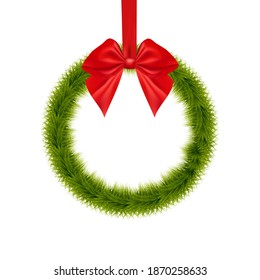 Round frame with fir branches and red bow. Christmas discount. Christmas sale banner. Circle. Stock vector illustration on white isolated background.