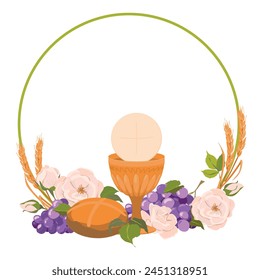 Round frame with first communion symbols. Vector. Composition from a golden bowl for wine, bread, wine, grapes, white roses. Beautiful design elements for an invitation to the Holy Eucharist.