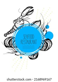 
round frame fish menu. lobster and seafood. seafood restaurant menu