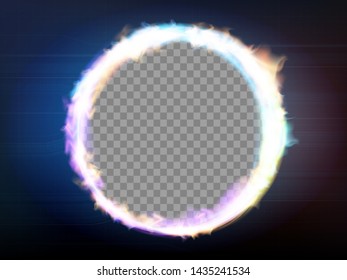 Round frame flame on a transparent background. Circle burning plasma or neon. Vector illustration.