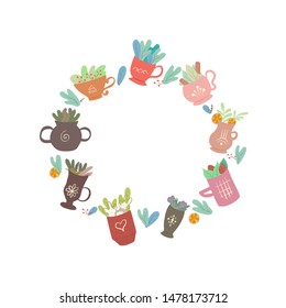 Round frame with flat decorative cups of tea with foliage and various ingredients. Summer teas with cinnamon, mint, lemon, strawberry and foliage. Magical vector circle template for recipes, cards