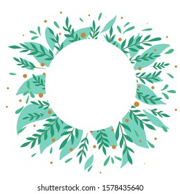 Round frame with flat foliage, berries and place for text. Turquoise branches with foliage. Greeting card with place for text. Delicate vector template for banners, invitations and your creativity.
