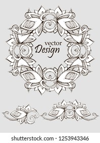 round frame of floral abstraction, with space for text inside, festive design element, greeting card, invitation, on a gray background, hand-drawing, eps 10
