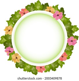 Round frame with floral decoration.Frame with hibiscus flowers on white background in vector illustration.