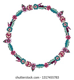 Round frame with floral doodles. Romantic floral wreath on white background. Festive floral circle for your design