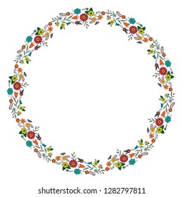 Round frame with floral doodles. Floral wreath on white background. Festive floral circle for your season design