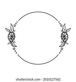 round frame with floral elements hand drawn line vector