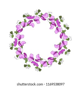 Round frame with floral elements of sweet pea flowers and leaves. Wreath for Saint Valentine Day, wedding invitations and greeting cards. Isolated