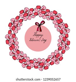 Round frame with floral elements. Wreath for valentines day, wedding invitations and greeting cards. Calligraphic phrase Valentine's Day. pink color, hand-drawn pink patches